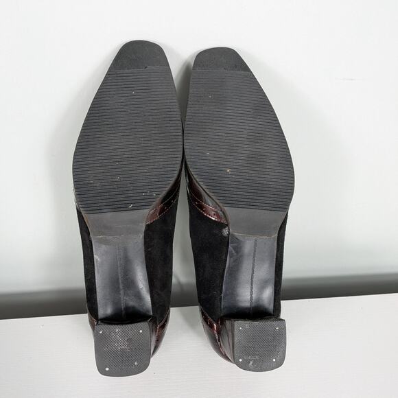 Y2K Leather Heels Lace Up Loafers 9.5 Black Brown Wingtip Suede Square Academia - Picture 7 of 11